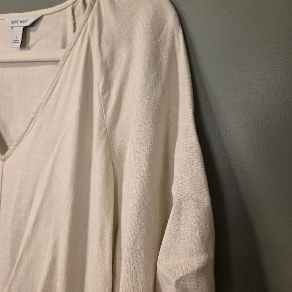 Nine West‎ Women's Cream Linen Blend Half Sleeve Tie Front Blouse Size L Cropped - Picture 6 of 11